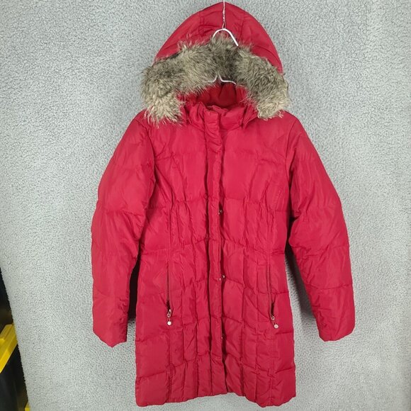 Eddie Bauer Parka Womens Small Down Puffer Hooded Faux Fur Jacket Red EB 650 - Picture 1 of 9